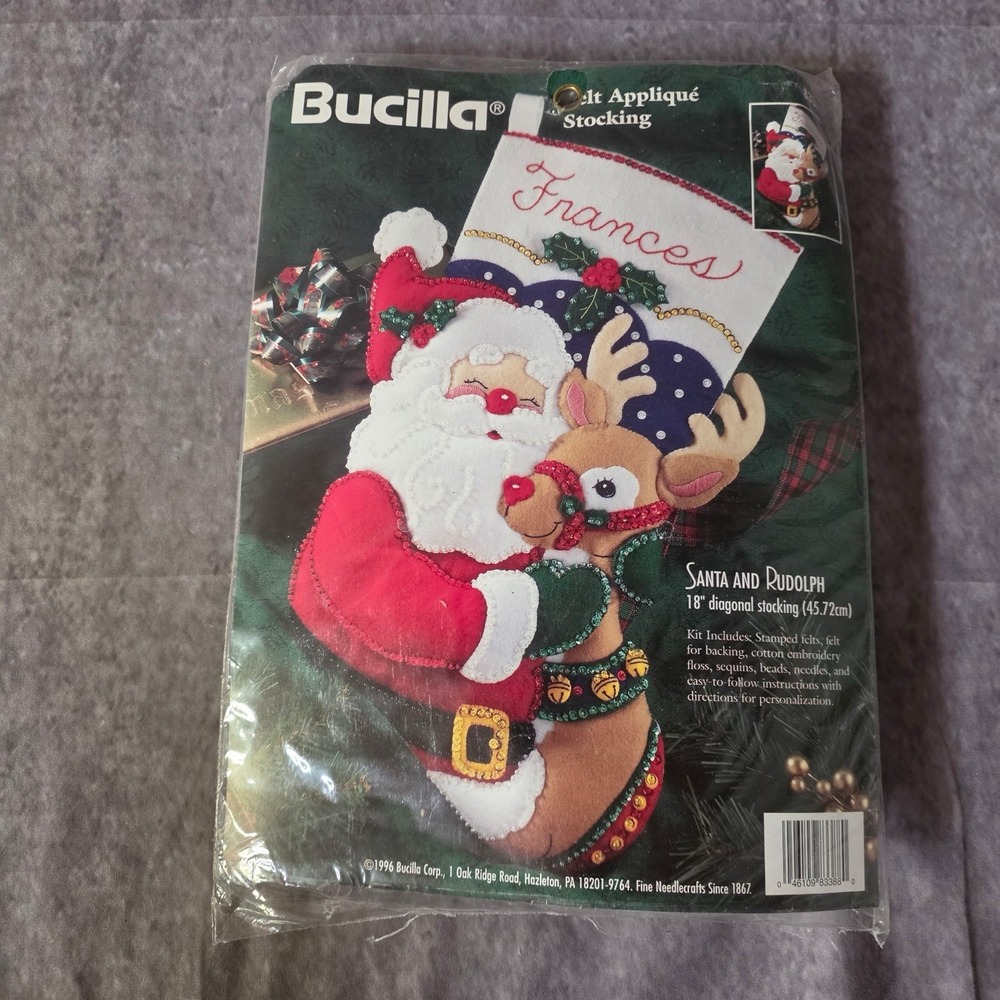 1996 Bucilla Santa and Rudolph 18" Christmas Stocking Kit 83388 Felt Applique